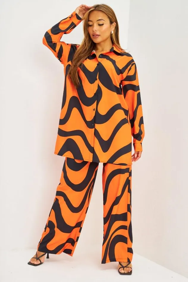 Women Ensemble Fluide Chemise Pantalon Lignes Courbes Orange Orange Brentiny Paris Shirts and Blouses Women Ensemble Fluide Chemise Pantalon Lignes Courbes Orange Orange Brentiny Paris Shirts and Blouses