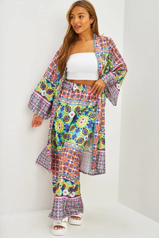 Women Ensemble Kimono Pantalon Satins Motifs Fleuris Jaune Yellow Brentiny Paris Pants