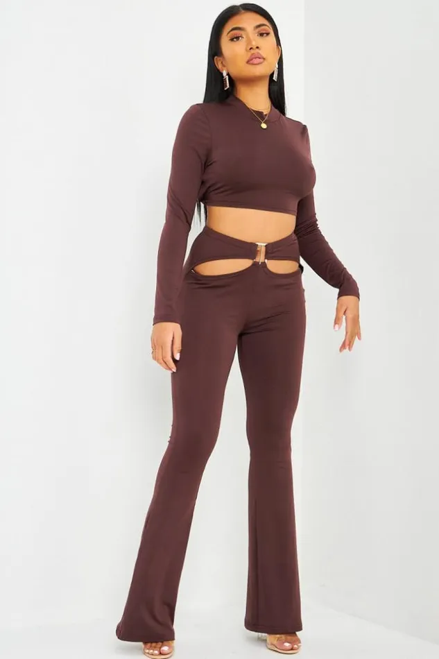 Women Ensemble Marron Crop Top Pantalon Brown Brentiny Paris Top And Tank Tops