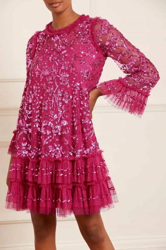 Women Evening Dresses Needle and Thread Celia Long Sleeve Mini Dress Pink