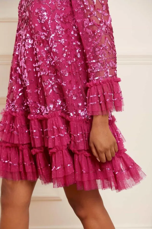 Women Evening Dresses Needle and Thread Celia Long Sleeve Mini Dress Pink