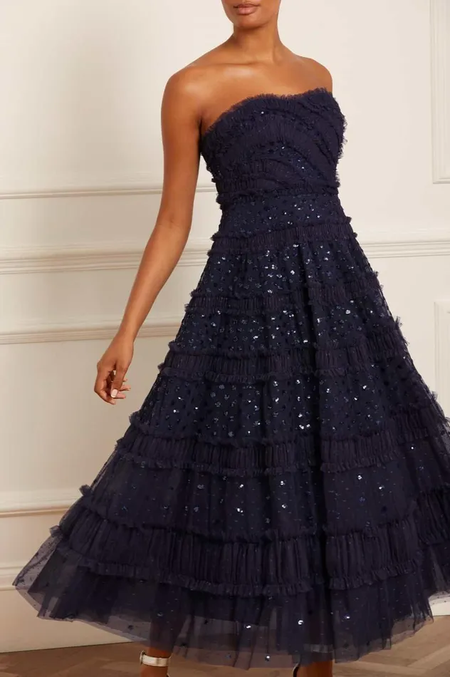 Women Evening Dresses Needle and Thread Dot Shimmer Tiered Strapless Ankle Gown Blue