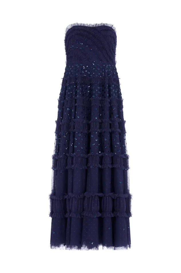 Women Evening Dresses Needle and Thread Dot Shimmer Tiered Strapless Ankle Gown Blue