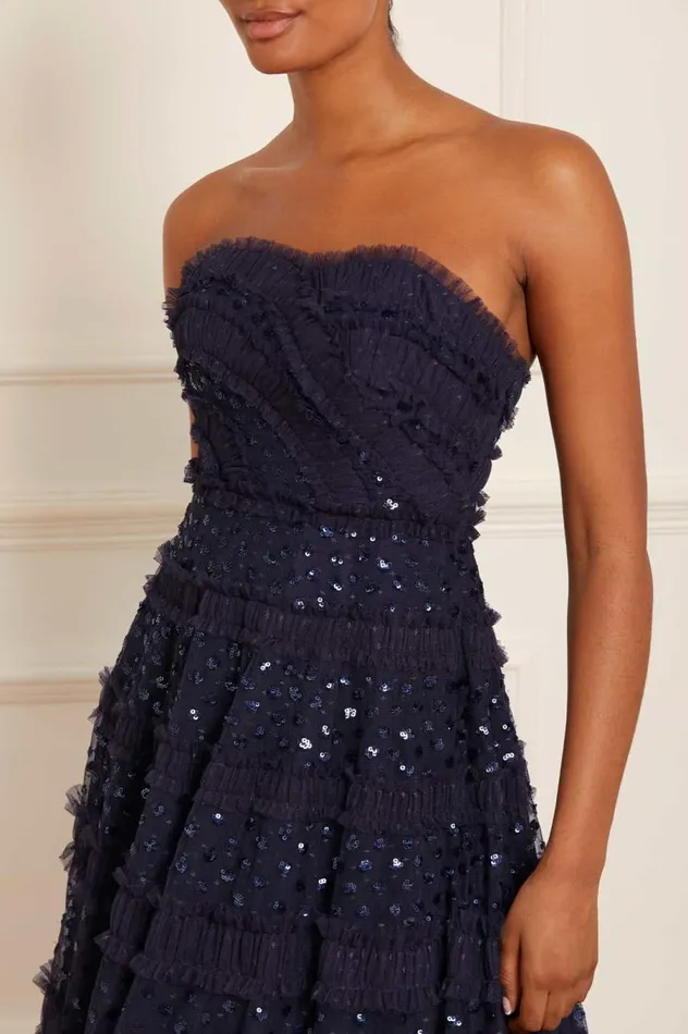 Women Evening Dresses Needle and Thread Dot Shimmer Tiered Strapless Ankle Gown Blue