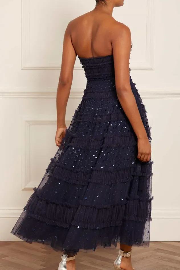 Women Evening Dresses Needle and Thread Dot Shimmer Tiered Strapless Ankle Gown Blue