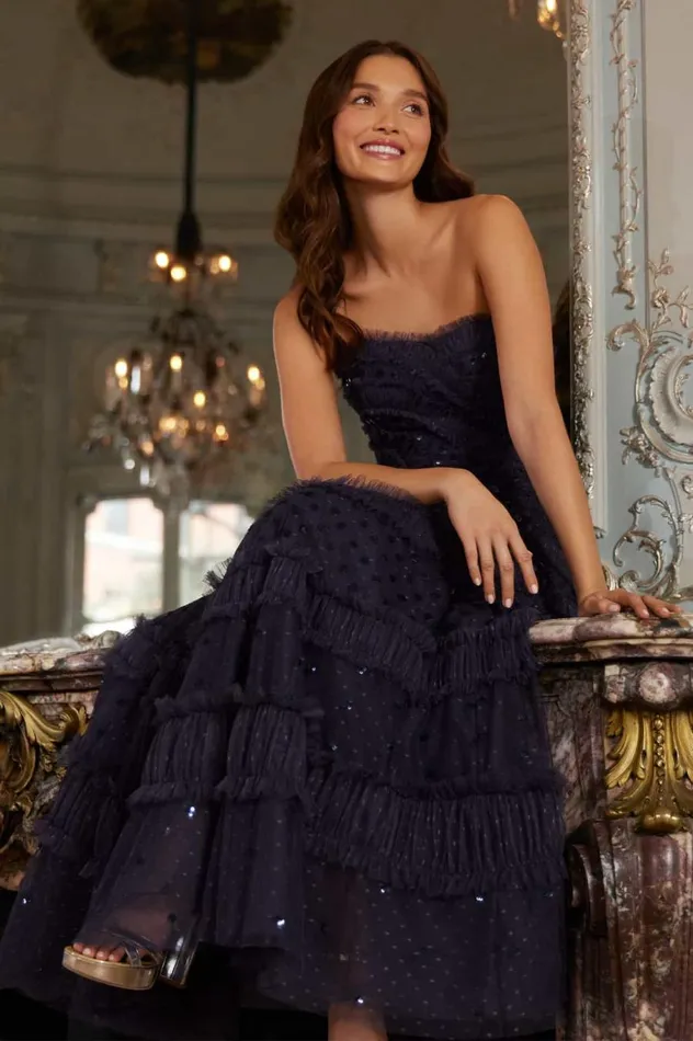 Women Evening Dresses Needle and Thread Dot Shimmer Tiered Strapless Ankle Gown Blue
