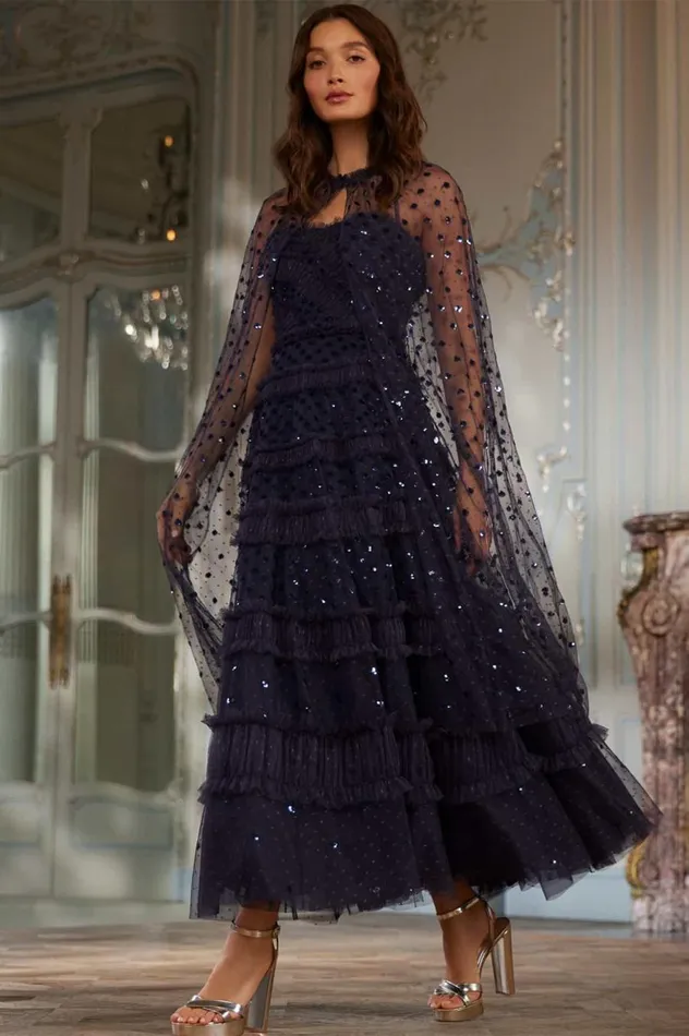 Women Evening Dresses Needle and Thread Dot Shimmer Tiered Strapless Ankle Gown Blue