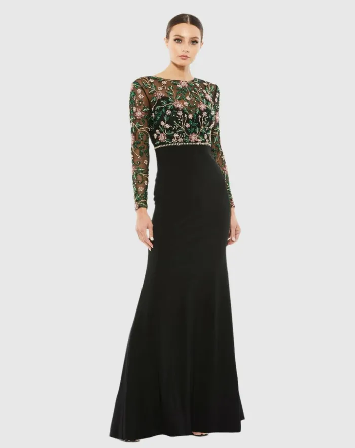 Women Evening Gowns Mac Duggal Beaded Illusion High Neck Trumpet Gown Black Multi