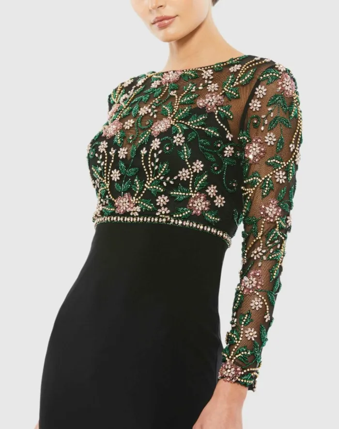 Women Evening Gowns Mac Duggal Beaded Illusion High Neck Trumpet Gown Black Multi