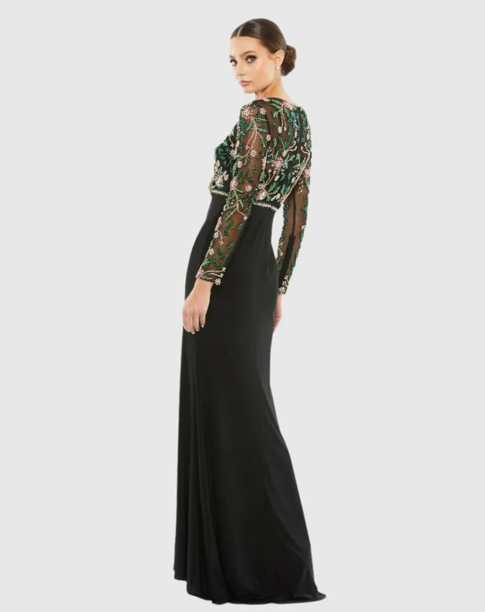 Women Evening Gowns Mac Duggal Beaded Illusion High Neck Trumpet Gown Black Multi