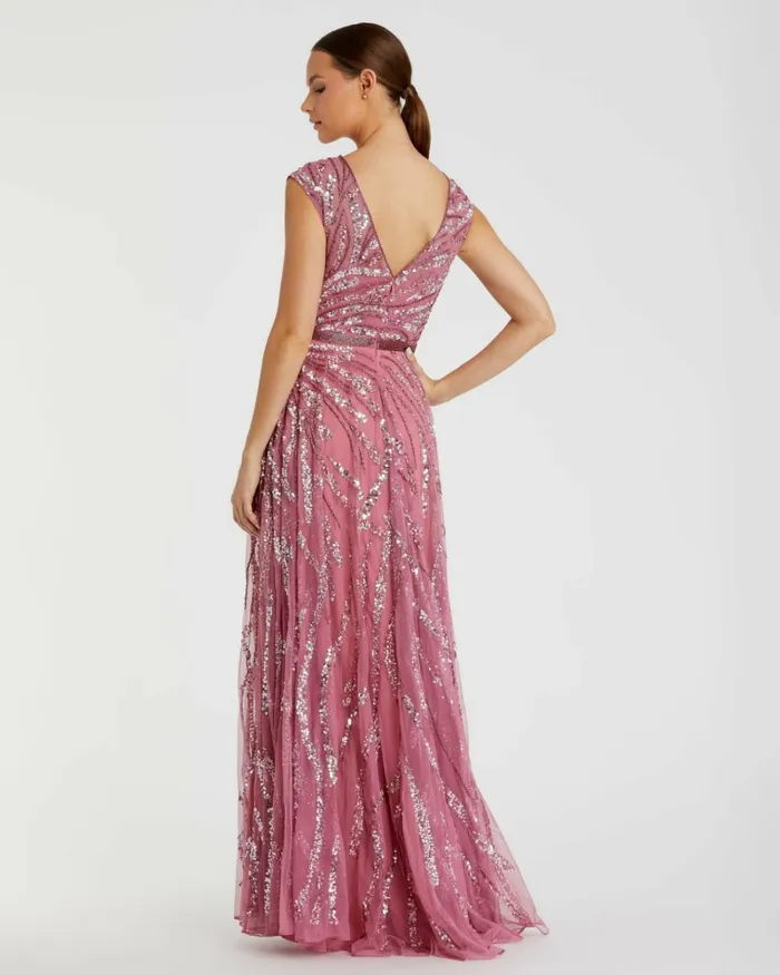 Women Evening Gowns Mac Duggal Cap Sleeve Embellished Evening Gown Plum