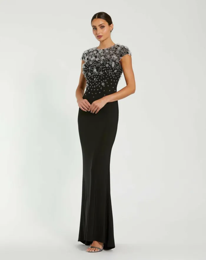 Women Evening Gowns Mac Duggal Crystal Embellished Jersey Fitted Cap Sleeve Gown Black