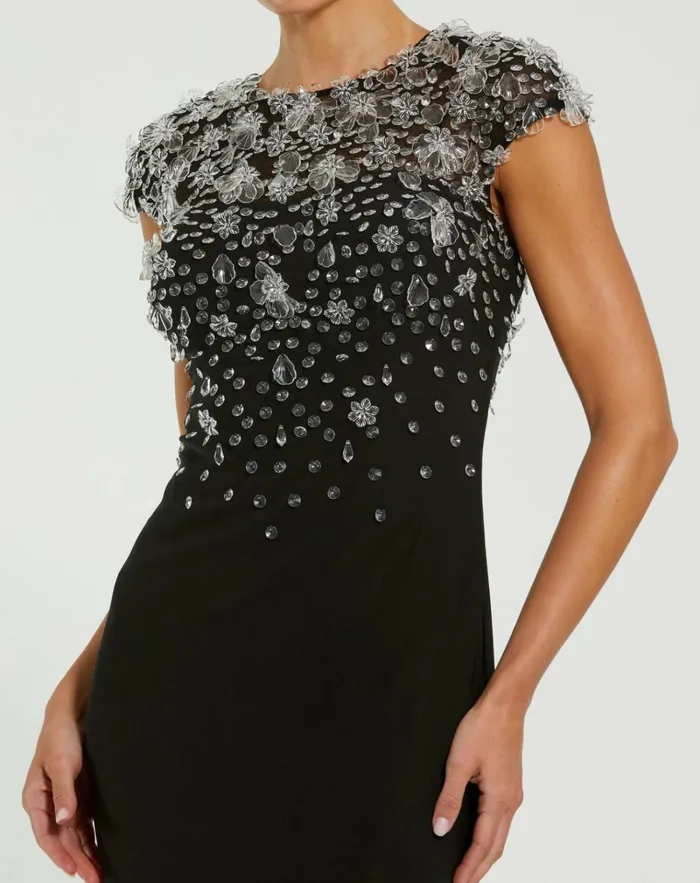 Women Evening Gowns Mac Duggal Crystal Embellished Jersey Fitted Cap Sleeve Gown Black