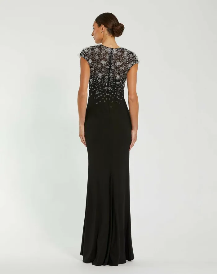 Women Evening Gowns Mac Duggal Crystal Embellished Jersey Fitted Cap Sleeve Gown Black