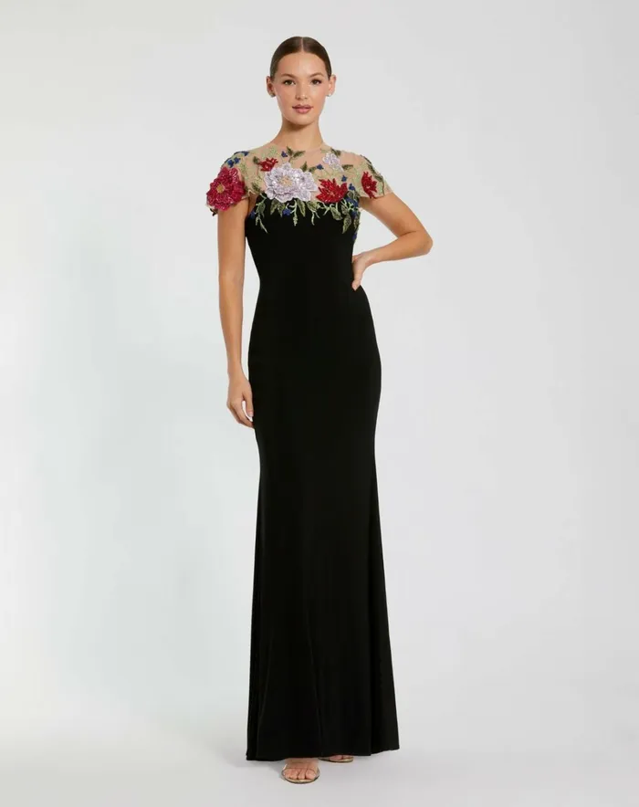 Women Evening Gowns Mac Duggal Floral Embellished Jersey Fitted Gown Black Multi
