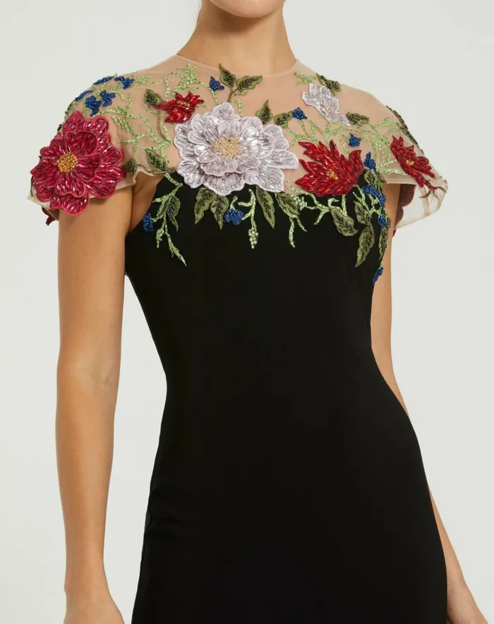 Women Evening Gowns Mac Duggal Floral Embellished Jersey Fitted Gown Black Multi