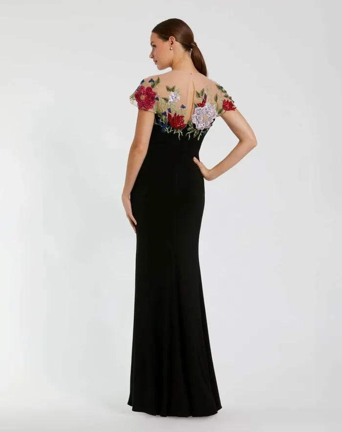 Women Evening Gowns Mac Duggal Floral Embellished Jersey Fitted Gown Black Multi