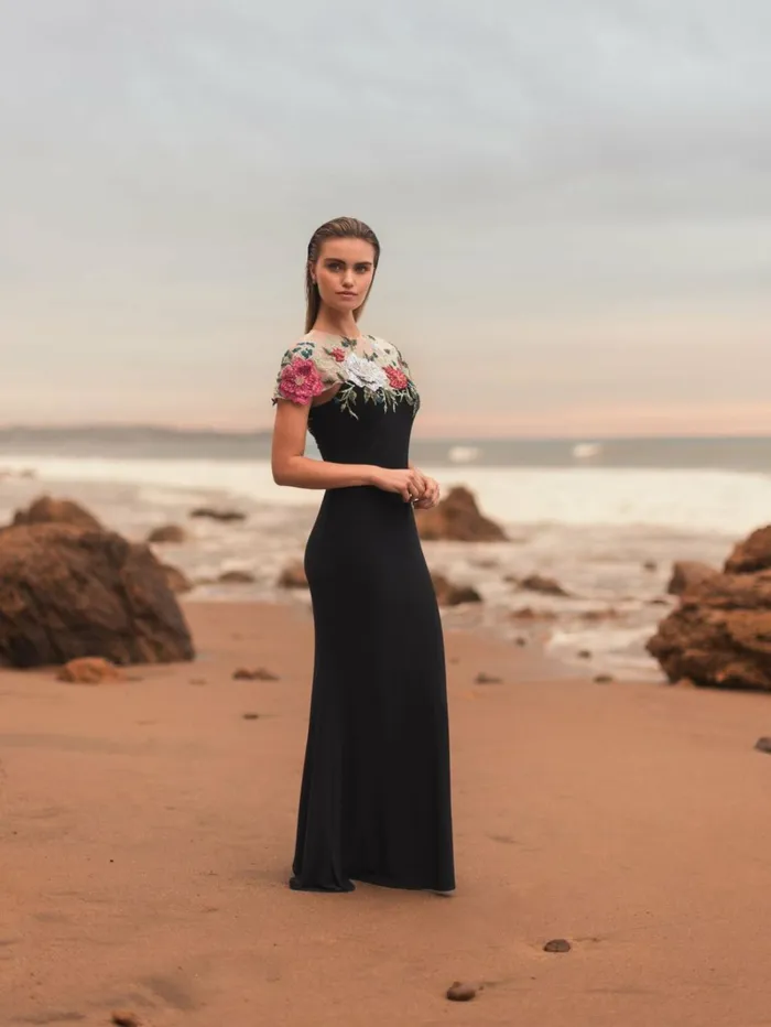 Women Evening Gowns Mac Duggal Floral Embellished Jersey Fitted Gown Black Multi