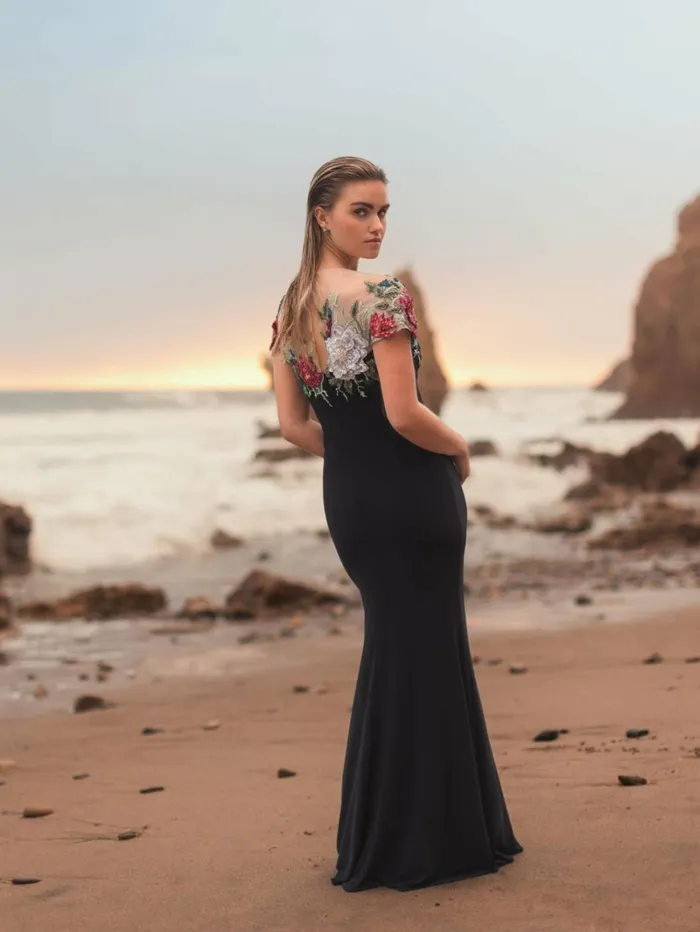 Women Evening Gowns Mac Duggal Floral Embellished Jersey Fitted Gown Black Multi
