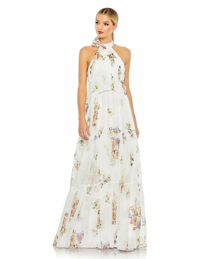 Women Evening Gowns Mac Duggal Floral Print Ruched Tiered High Neck Bow Gown White Multi Women Evening Gowns Mac Duggal Floral Print Ruched Tiered High Neck Bow Gown White Multi