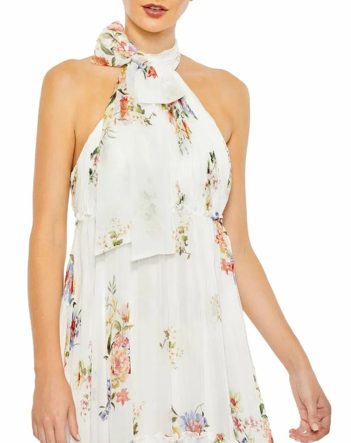 Women Evening Gowns Mac Duggal Floral Print Ruched Tiered High Neck Bow Gown White Multi