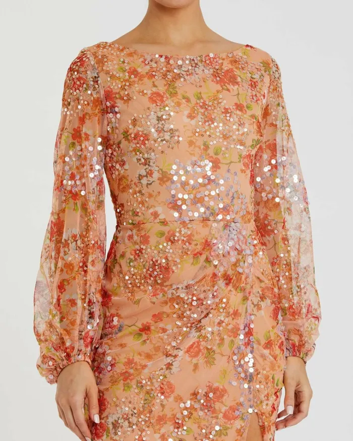 Women Evening Gowns Mac Duggal Floral Print Sequined Puff Sleeve Gown Apricot