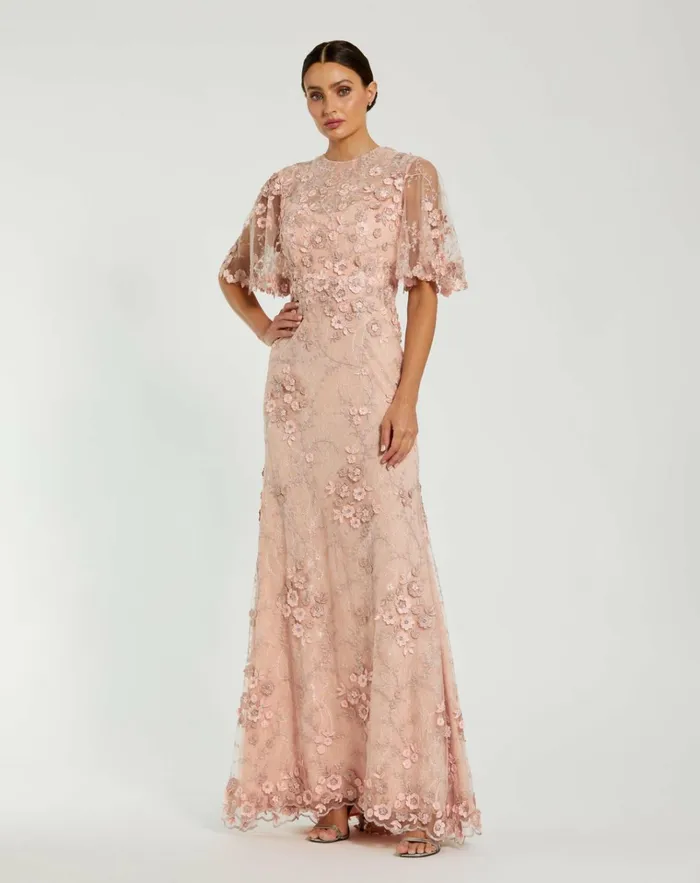 Women Evening Gowns Mac Duggal Flutter Sleeve Floral Embroidered Net Gown Rose