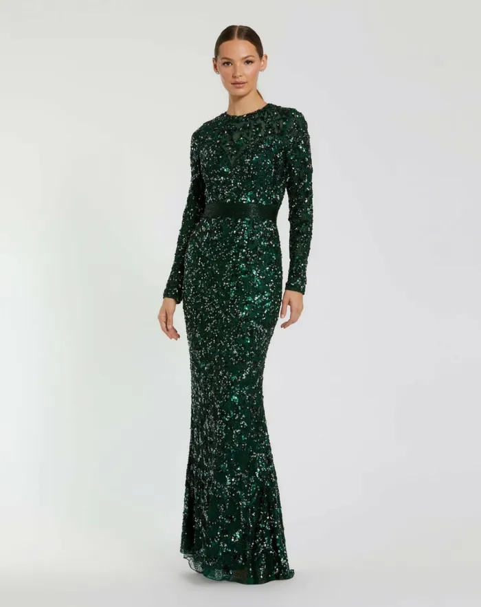 Women Evening Gowns Mac Duggal Green Hand Embellished Long Sleeve Gown Forest Green
