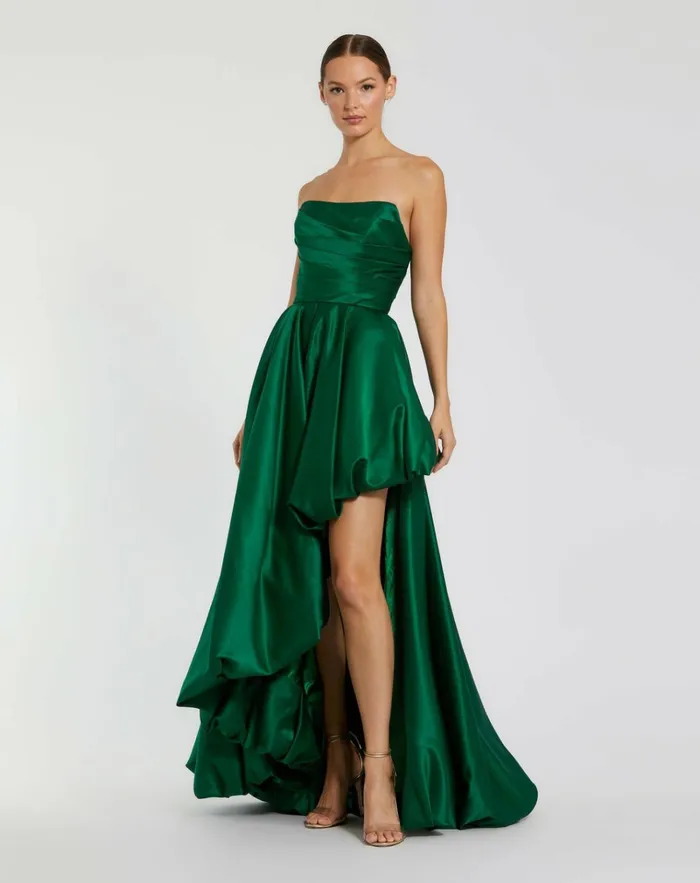 Women Evening Gowns Mac Duggal Green Strapless Ruched High Low Gown Emerald
