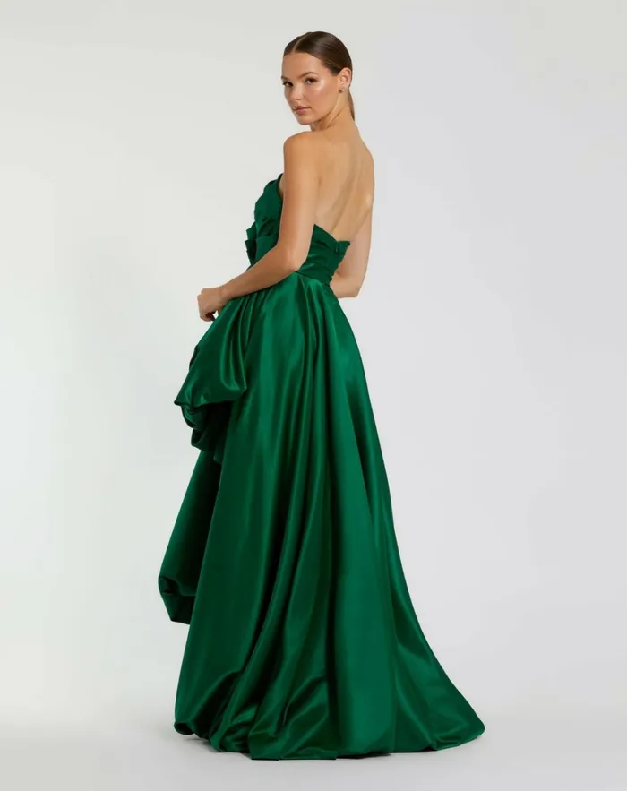 Women Evening Gowns Mac Duggal Green Strapless Ruched High Low Gown Emerald