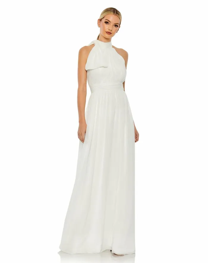 Women Evening Gowns Mac Duggal High Neck Chiffon Gown Powder Blue
