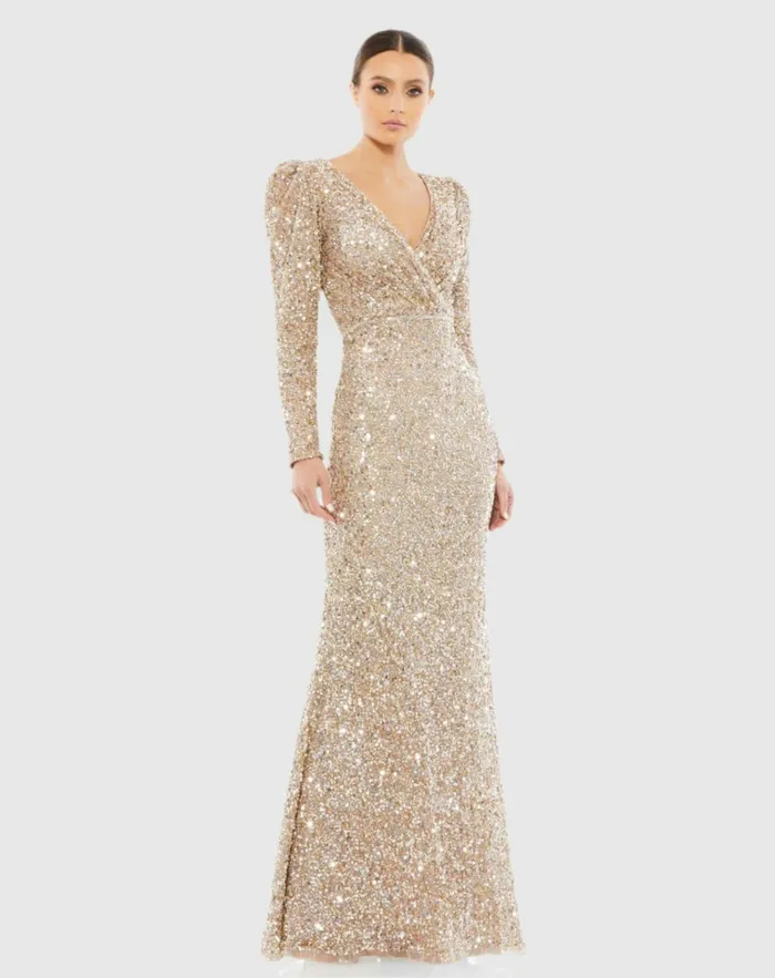 Women Evening Gowns Mac Duggal Puff Shoulder Sequined Surplice Gown Shimmering Gold