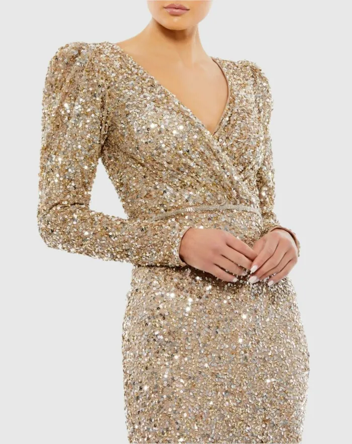 Women Evening Gowns Mac Duggal Puff Shoulder Sequined Surplice Gown Shimmering Gold