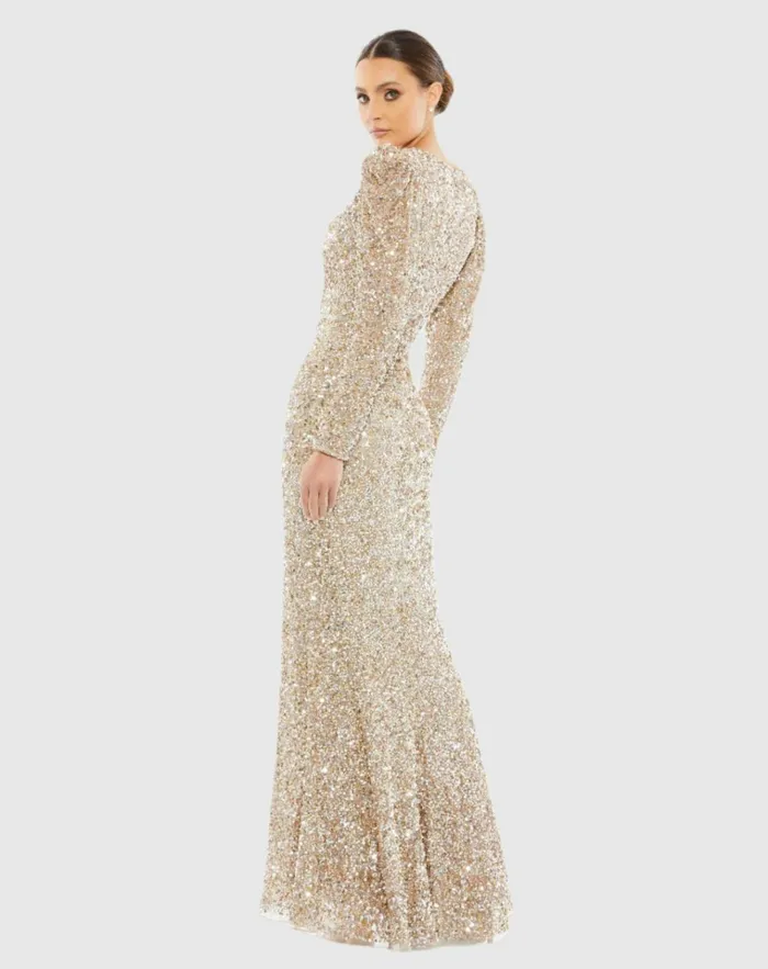 Women Evening Gowns Mac Duggal Puff Shoulder Sequined Surplice Gown Shimmering Gold