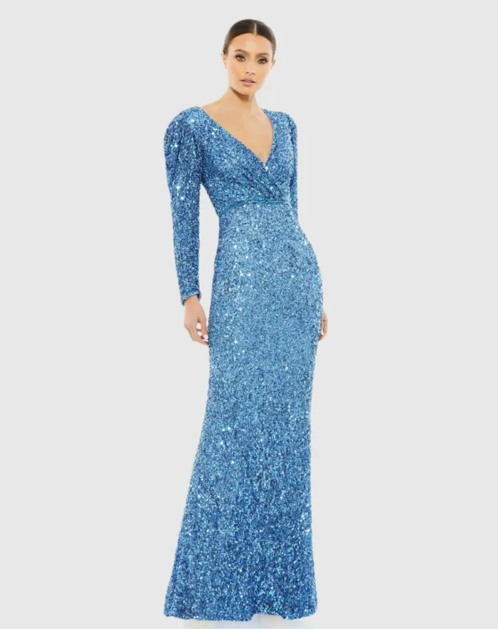 Women Evening Gowns Mac Duggal Puff Shoulder Sequined Surplice Gown Shimmering Gold
