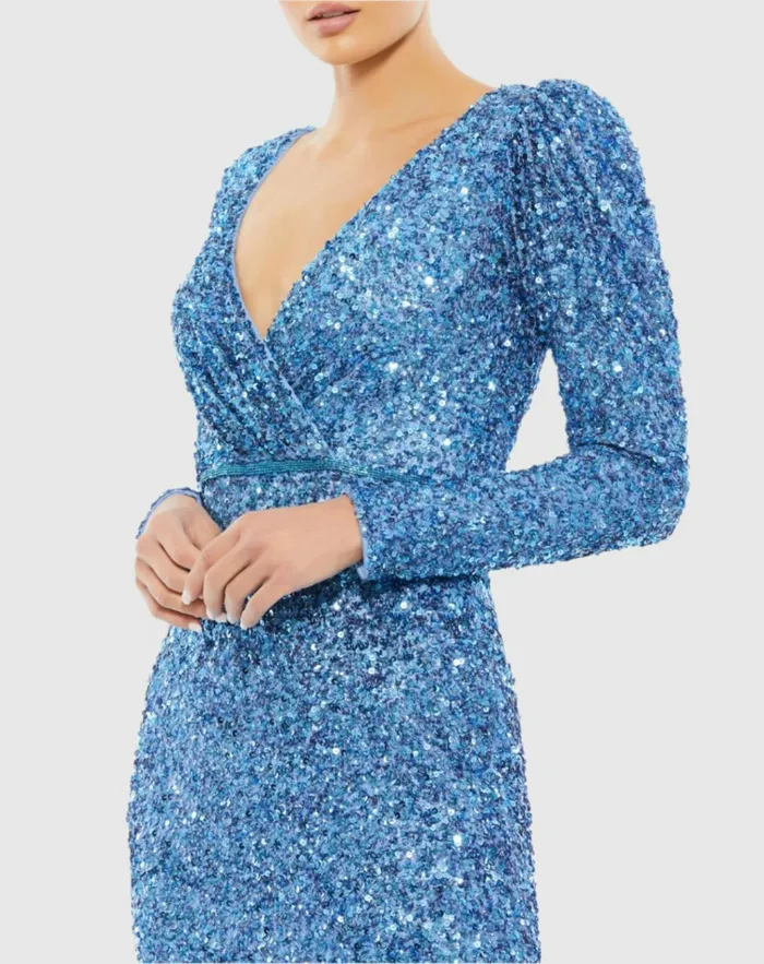 Women Evening Gowns Mac Duggal Puff Shoulder Sequined Surplice Gown Shimmering Gold