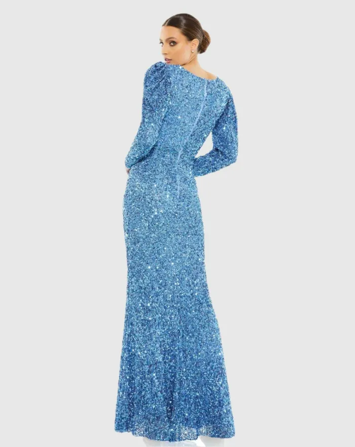 Women Evening Gowns Mac Duggal Puff Shoulder Sequined Surplice Gown Shimmering Gold