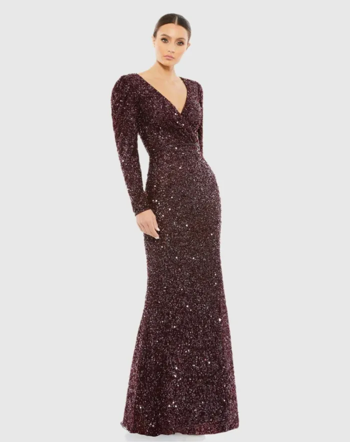 Women Evening Gowns Mac Duggal Puff Shoulder Sequined Surplice Gown Shimmering Gold