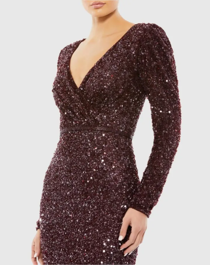 Women Evening Gowns Mac Duggal Puff Shoulder Sequined Surplice Gown Shimmering Gold