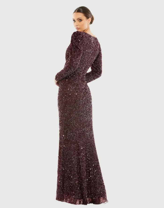 Women Evening Gowns Mac Duggal Puff Shoulder Sequined Surplice Gown Shimmering Gold