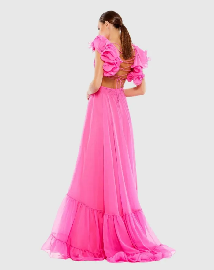 Women Evening Gowns Mac Duggal Ruffle Tiered CutOut Chiffon Gown Black