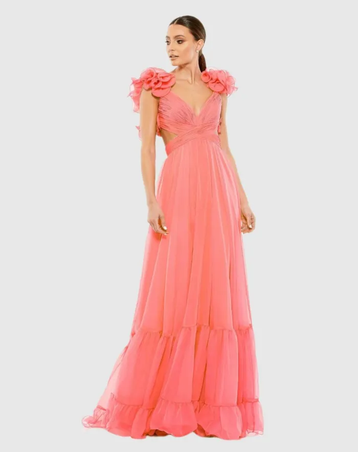 Women Evening Gowns Mac Duggal Ruffle Tiered CutOut Chiffon Gown Black