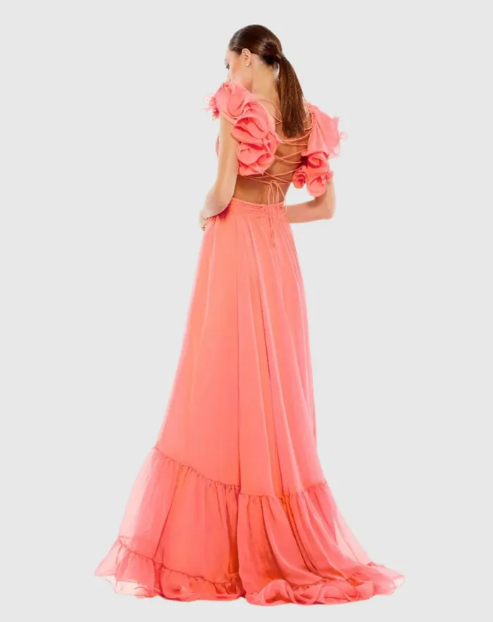 Women Evening Gowns Mac Duggal Ruffle Tiered CutOut Chiffon Gown Black