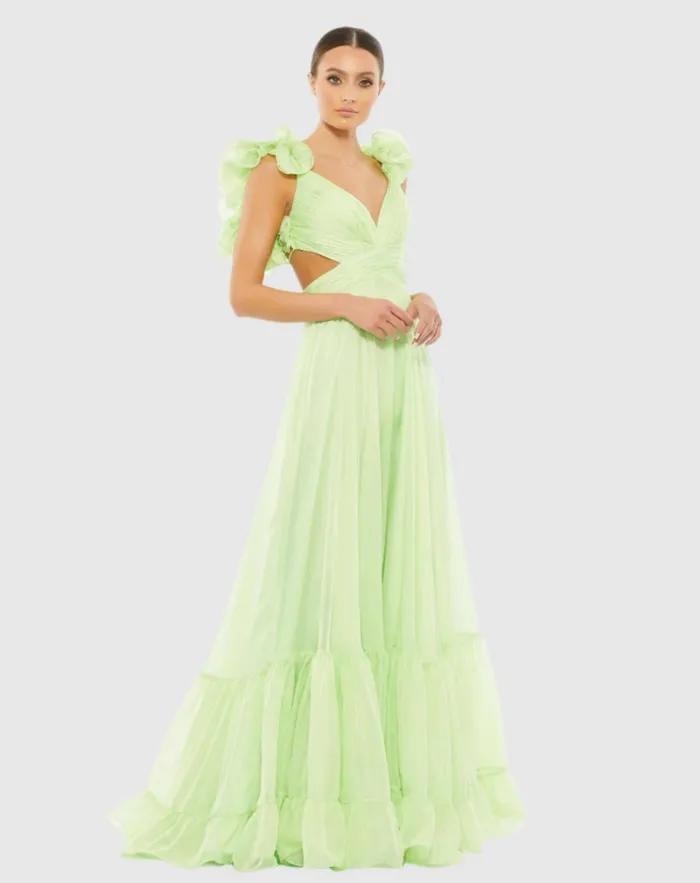 Women Evening Gowns Mac Duggal Ruffle Tiered CutOut Chiffon Gown Black