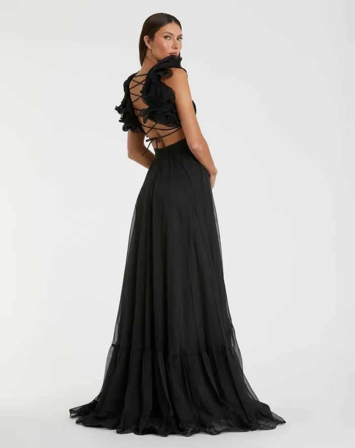 Women Evening Gowns Mac Duggal Ruffle Tiered CutOut Chiffon Gown Black