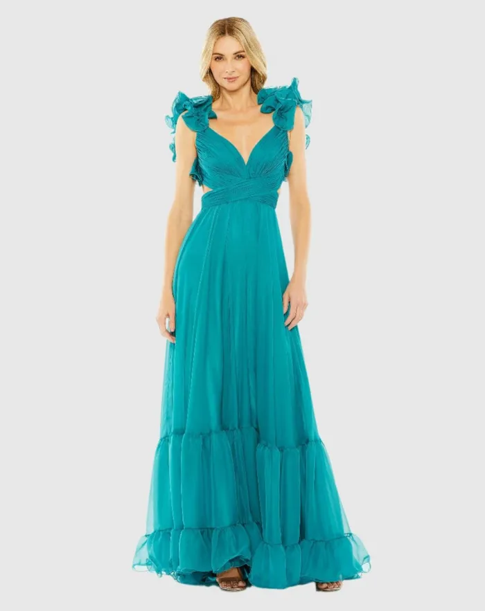 Women Evening Gowns Mac Duggal Ruffle Tiered CutOut Chiffon Gown Black