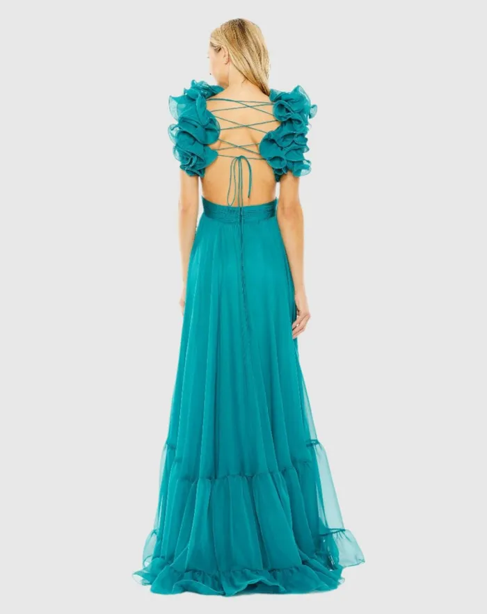 Women Evening Gowns Mac Duggal Ruffle Tiered CutOut Chiffon Gown Black
