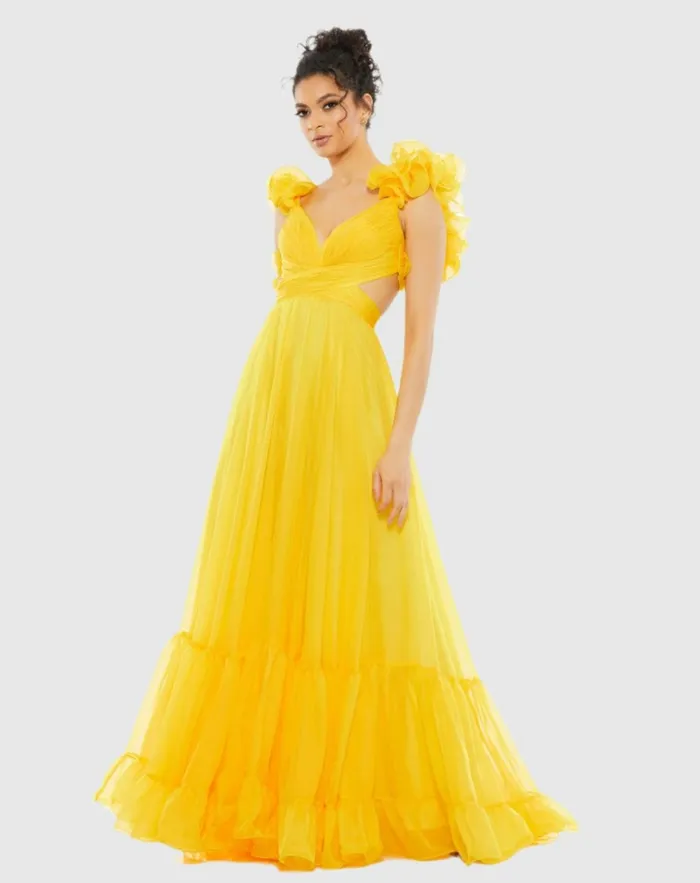 Women Evening Gowns Mac Duggal Ruffle Tiered CutOut Chiffon Gown Black