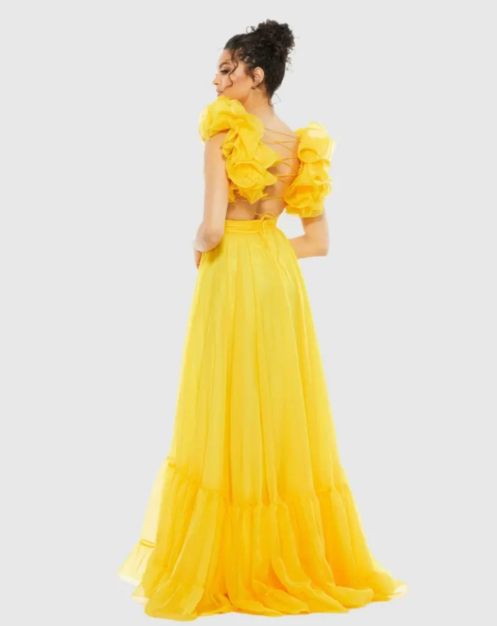 Women Evening Gowns Mac Duggal Ruffle Tiered CutOut Chiffon Gown Black
