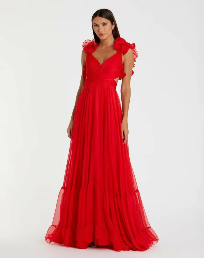 Women Evening Gowns Mac Duggal Ruffle Tiered CutOut Chiffon Gown Black